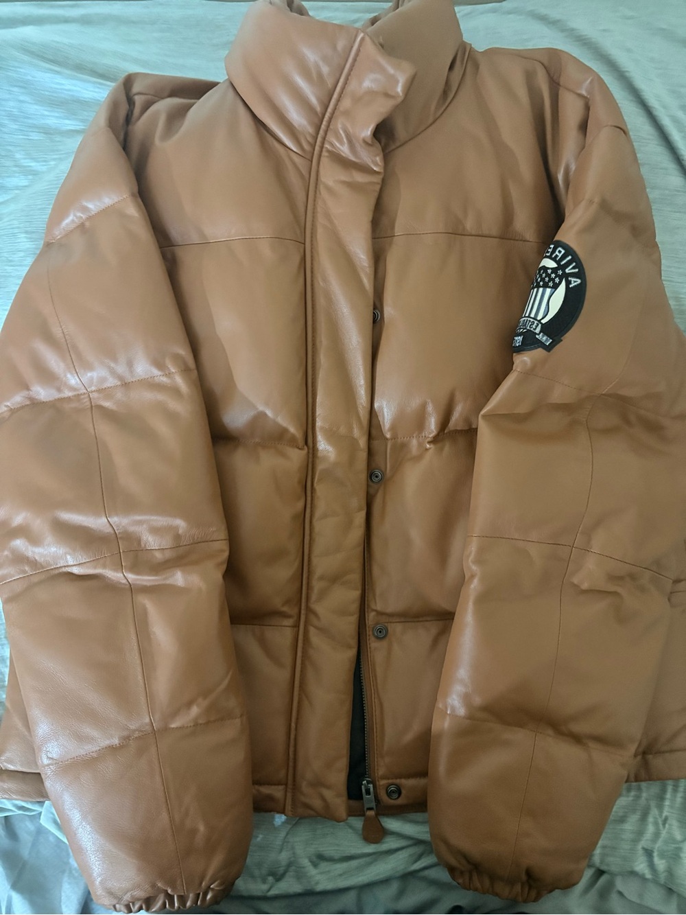 AVIREX Tan Puffer leather Jacket with Sleeve Patch
